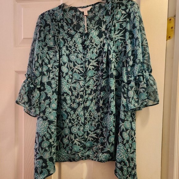 LC Lauren Conrad Tops - new LC Lauren Conrad Brocade Blooms Teal Blouse Shark Bite Hem Large